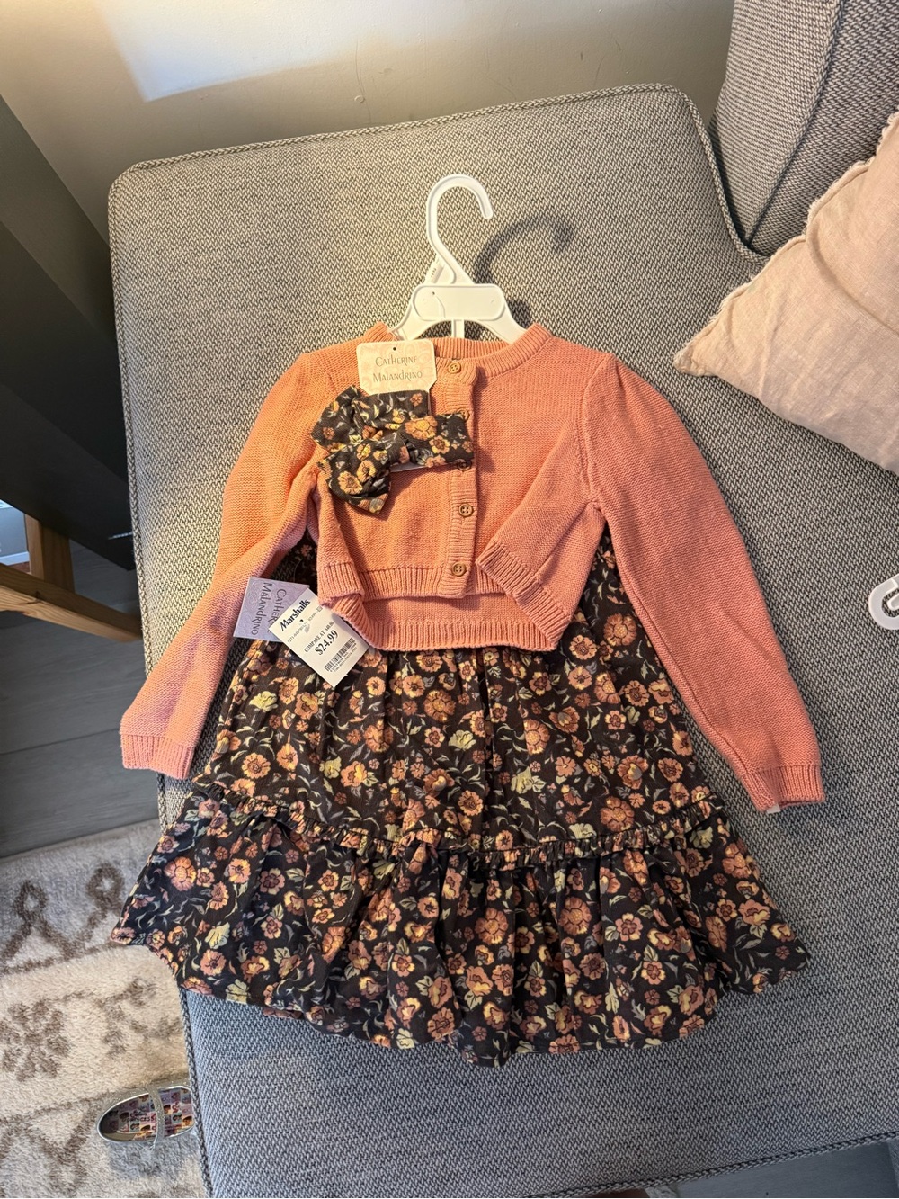 Cat & Jack Peach Cardigan with Dark Floral Tiered Dress
